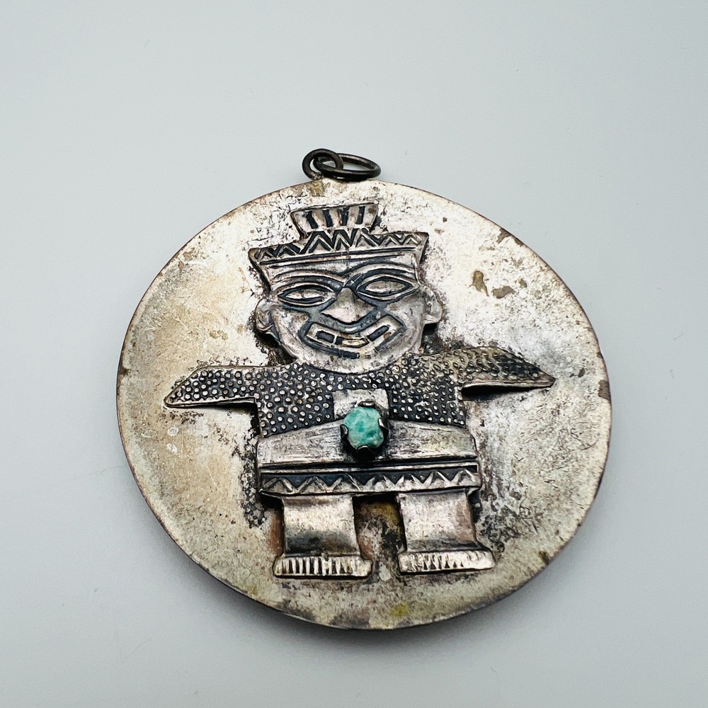 Peru 900 Pendant Medallion Round Figural Silver Ethnic Statement Blue Stone